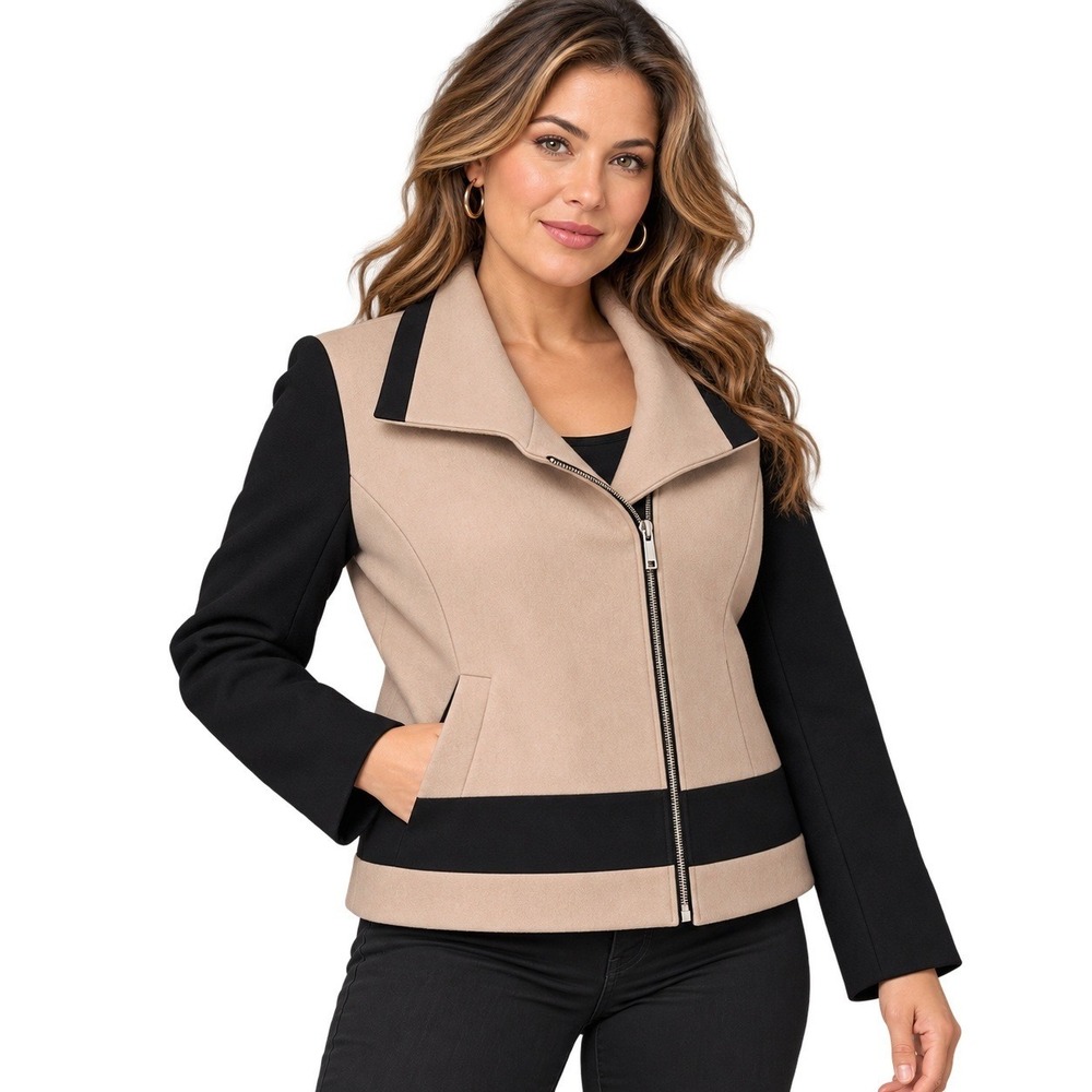 VINTAGE Barneys New York Wool Jacket 12 Tan Black Asymmetrical Zip Made USA